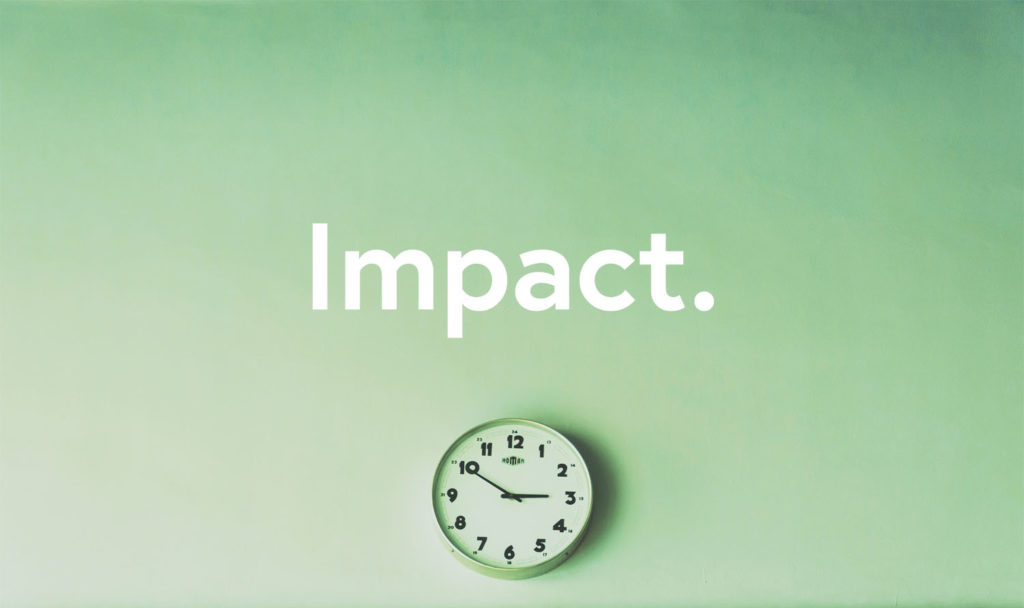 Clock with the word Impact.